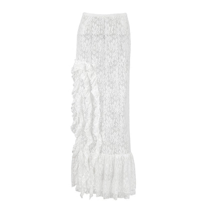Women Commuting Wear Summer Side Slit Sexy Ruffles Atmosphere Lace See through Skirt