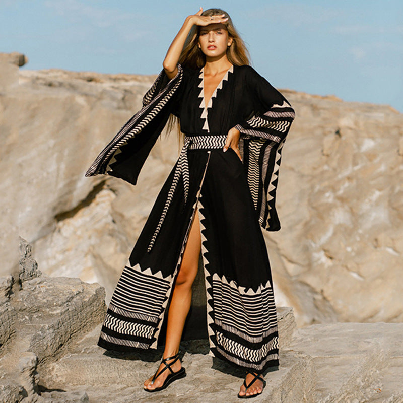 Cotton Printed Cardigan Seaside Vacation Sun Protection Shirt Beach Bikini Cover Swimsuit Outwear Women