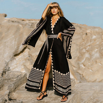 Cotton Printed Cardigan Seaside Vacation Sun Protection Shirt Beach Bikini Cover Swimsuit Outwear Women