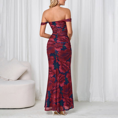 Mesh Camisole Dress Backless High Slit off Neck Slim Fit Ruffle Hip Dress
