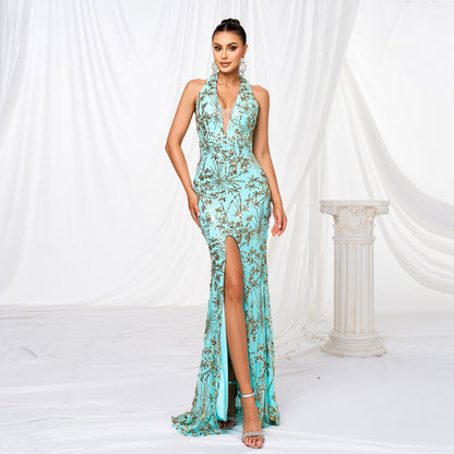 Women Clothing High End V neck Halter Slim Fit Sheath Sequined Cocktail Split Evening Dress