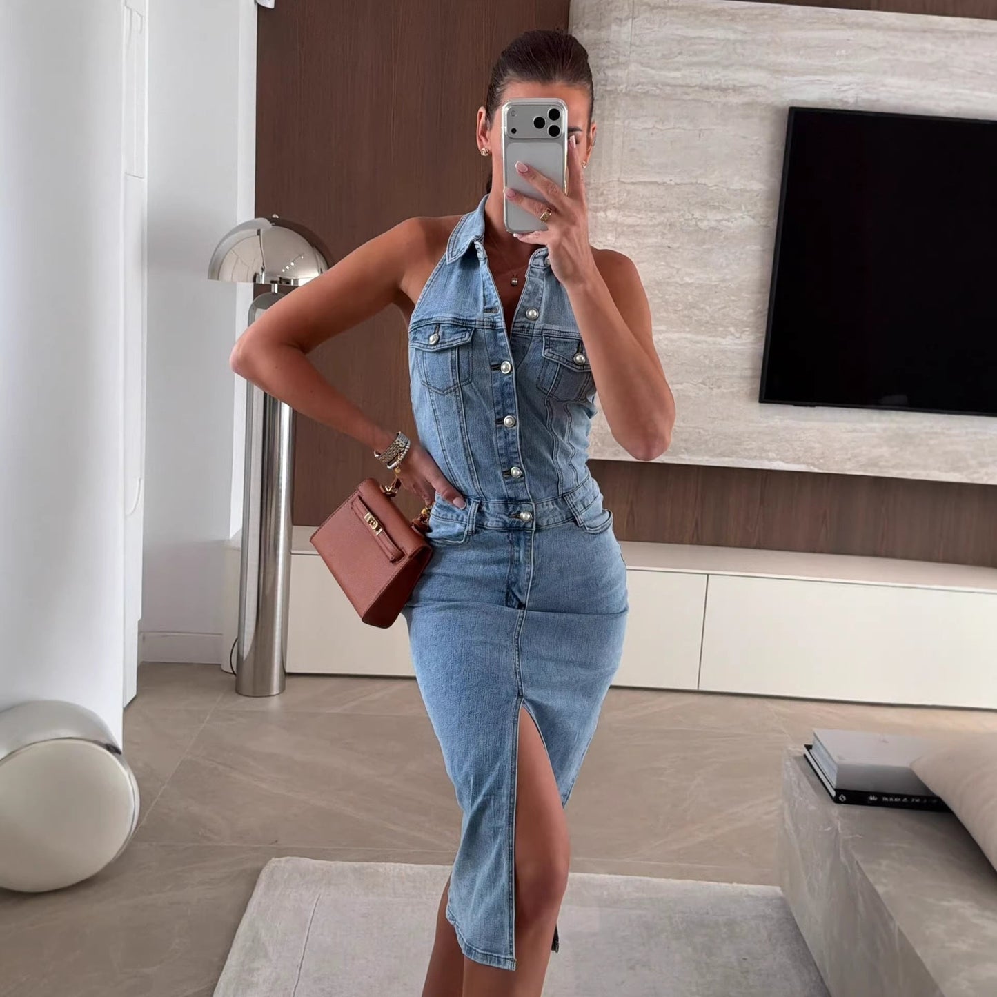 Women Summer Single Breasted Collared Sleeveless Waist A line Denim Dress