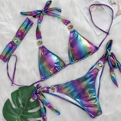 Sexy Bikini Crystal Diamond Three Piece Split Swimsuit Beach Shiny Women Swimsuit