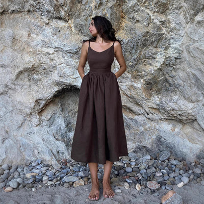 Pure Cotton V neck with Shoulder Straps Women Spring Elegant Sexy Lace up Backless Dress