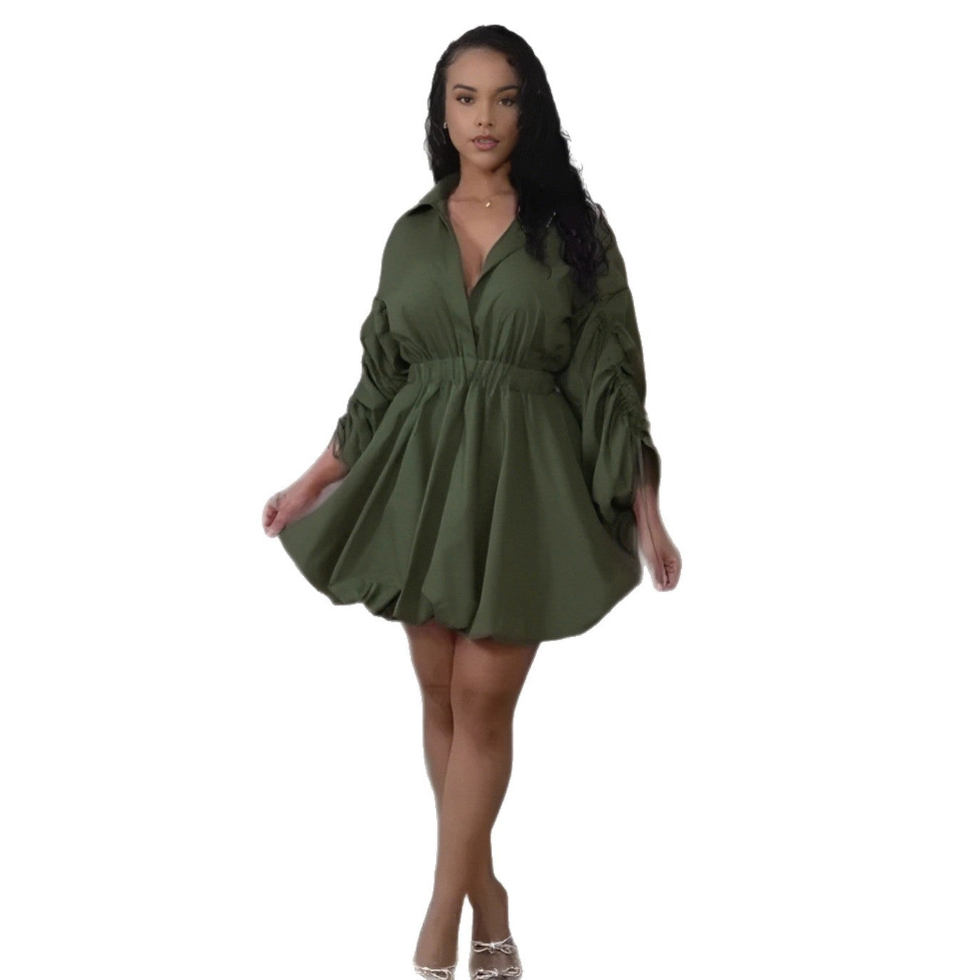 Sexy Casual Office Drawstring Sleeve Fitted Waist Bubble Shirt Collar Long Sleeve Dress