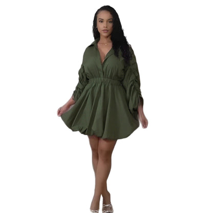 Sexy Casual Office Drawstring Sleeve Fitted Waist Bubble Shirt Collar Long Sleeve Dress
