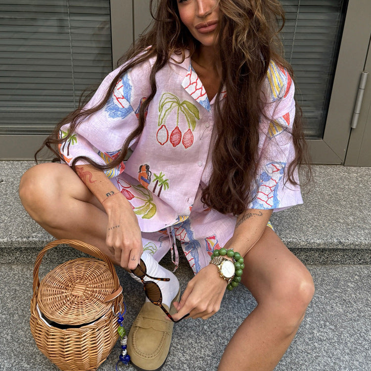 Summer Women Digital Printing Casual Shirt Outfit Collared Short Sleeve Cardigan Top Shorts Two Piece Set