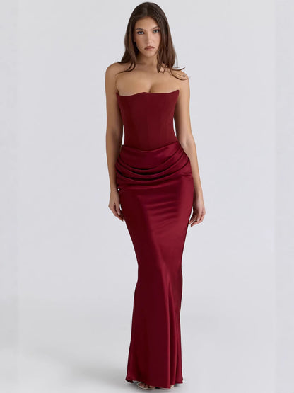 Dress Elegant Sexy Waist Trimming Tube Top Boning Corset Pleated Satin Sheath Dress