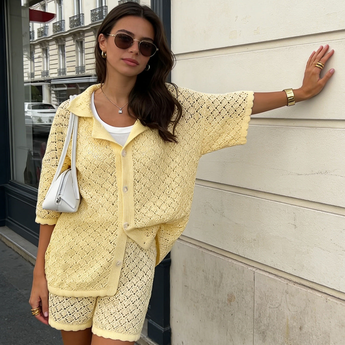 Beach Loose Half Sleeve Suit Casual Vacation Sun Protection Hollow Out Cutout Shorts Beach Cover Up
