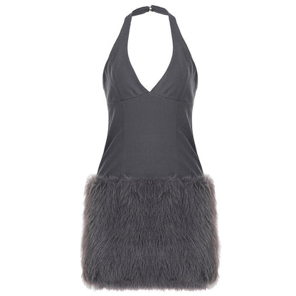 Sexy Halter V neck Furry Dress Tight Sexy Waist Plush Hip Dress