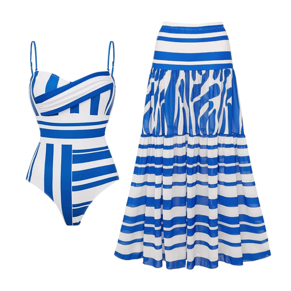 Women Swimsuit Simple Blue White Striped One Piece Swimsuit Skirt Sets
