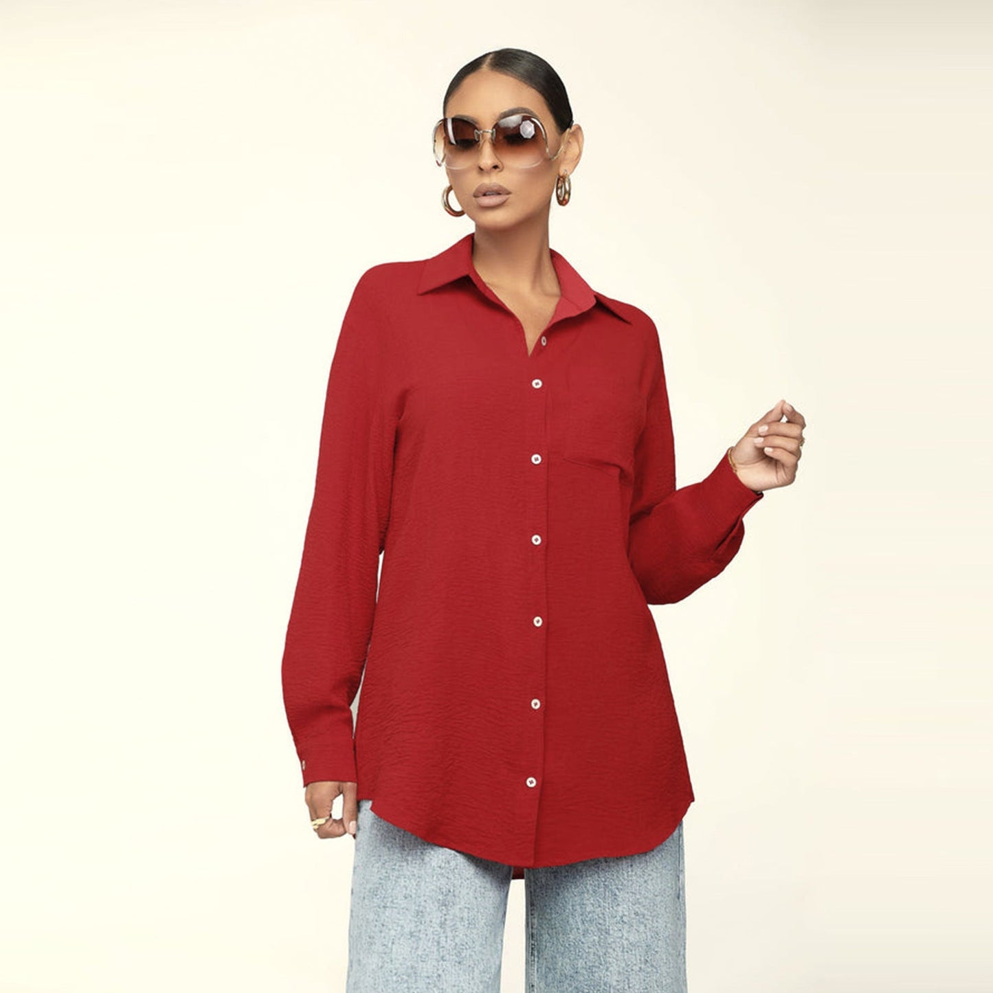 Fall Women Long Sleeve Solid Color Top Loose Casual Shirt Women