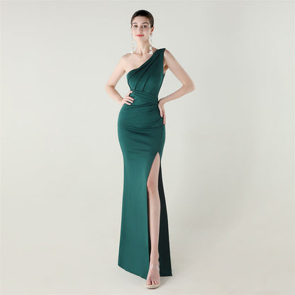 One Shoulder Slim Fit Satin Folding High Slit Sexy Evening Dress Fishtail Dress Dinner Wedding Social Networking