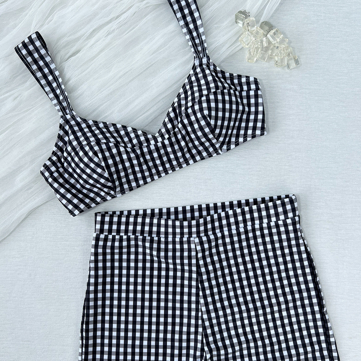 Ladies Split Plaid Printed Tied High Waist Shorts Bikini Swimsuit Bikini