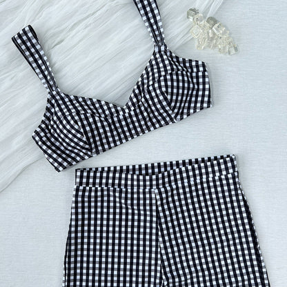Ladies Split Plaid Printed Tied High Waist Shorts Bikini Swimsuit Bikini