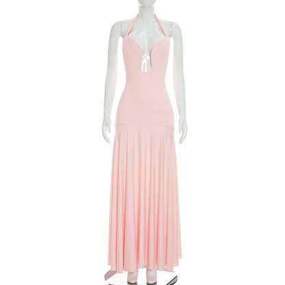 Women Clothing Summer Solid Color Casual Elegant Sleeveless Halter Backless Slim Fit Maxi Dress