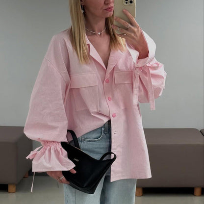 Fashionable Striped Office French Shirt for Women Spring Autumn Printing Collared Bell Sleeve Loose Pockets Shirt
