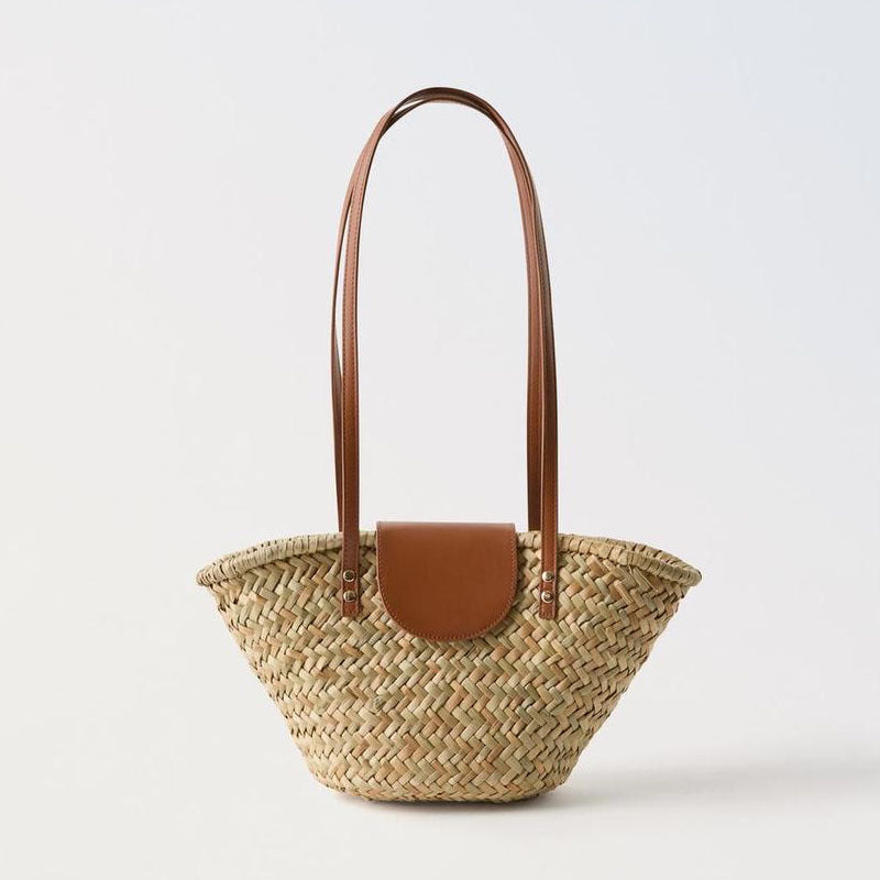 Natural Grass Shoulder Straw Bag Faux Leather Stitching Woven Bag Vacation Beach Bag All Match Rattan Weave Bag