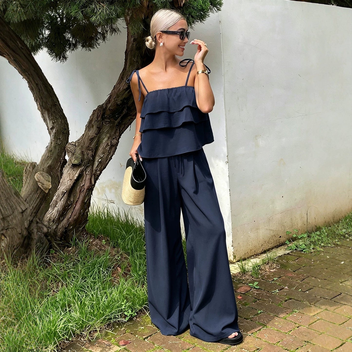 Ruffled Spaghetti Straps Wide Leg Pants Set Women Lace up Waist Controlled Slimming Vacation Two Piece Set