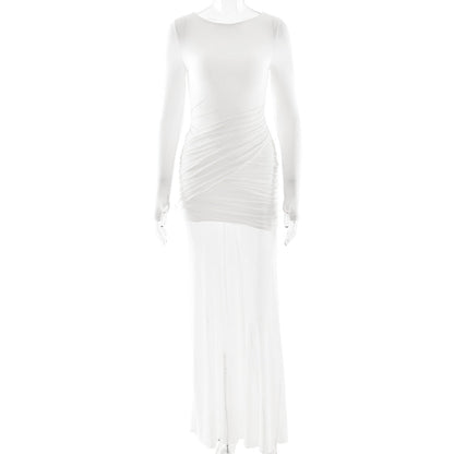 Women Clothing Autumn Winter Voile See through Solid Color Dress Sexy Slim Fit Backless Split Dress