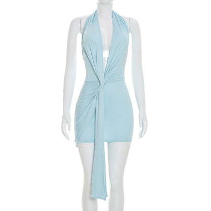 Women Clothing Summer Solid Color Casual Halter Deep V Plunge Bare Back Twisted Ribbon Dress
