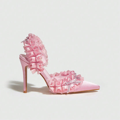 Rhinestone Bow High Heel Sandals Stiletto Heel Pointed Heels Women Black Pink Satin Surface 11cm