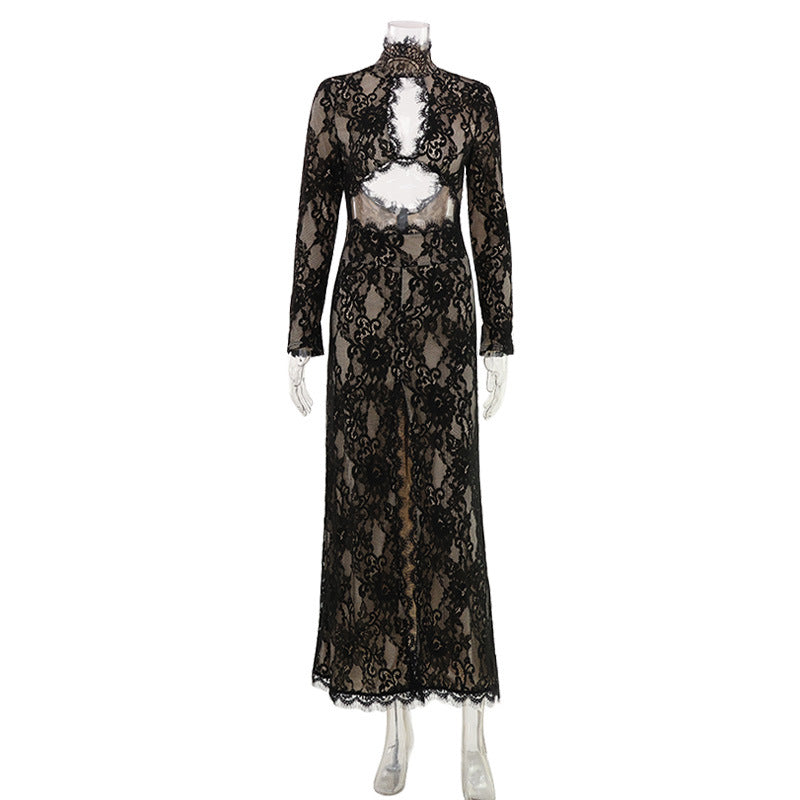 Women Clothing Sexy Cutout Design Turtleneck High Slit Red Carpet Lace Dress Women