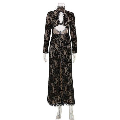Women Clothing Sexy Cutout Design Turtleneck High Slit Red Carpet Lace Dress Women