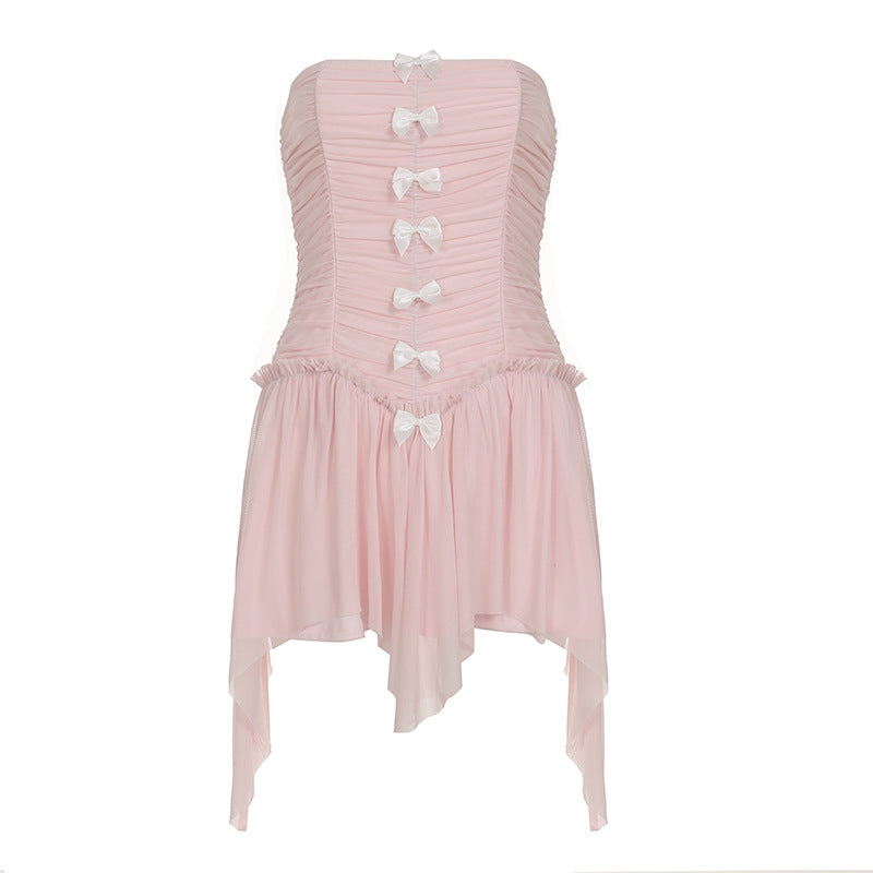 Women Clothing Mesh Stitching Bandage Waist Short Strapless Dress Sexy off the Shoulder Irregular Asymmetric Mini Dress