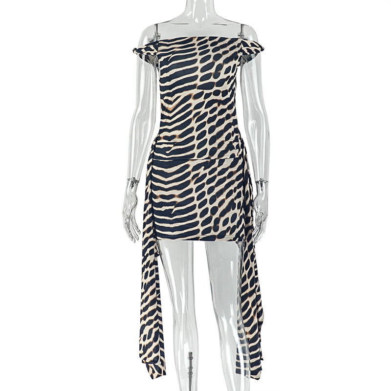 Special Women Clothing Street Leopard Print Printed Lace up Hip Dress Diagonal Collar Sleeveless Office Short Dress