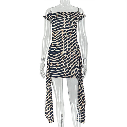 Special Women Clothing Street Leopard Print Printed Lace up Hip Dress Diagonal Collar Sleeveless Office Short Dress