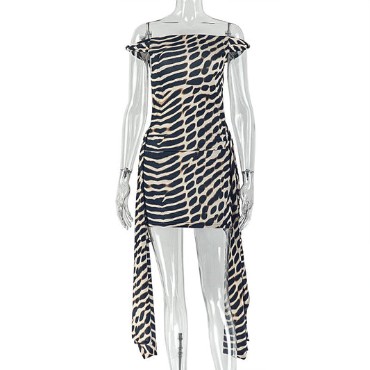 Special Women Clothing Street Leopard Print Printed Lace up Hip Dress Diagonal Collar Sleeveless Office Short Dress