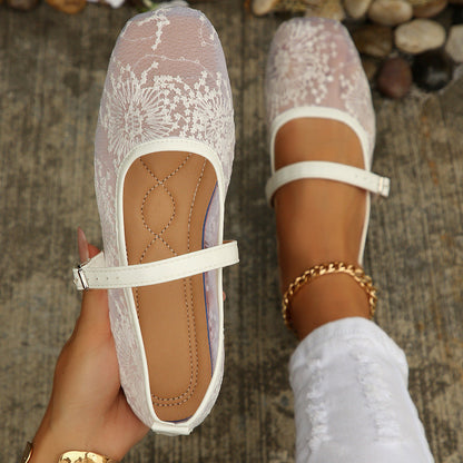 Mesh Breathable Low Top Shoes Women Vintage Mary Jane Flat Shallow Belt Buckle Loafers