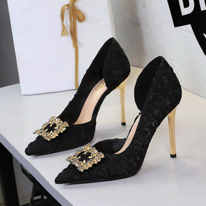 French Rhinestone Square Buckle Side Hollow Out Cutout Slip on Super High Heel Satin Gentle Elegant Stiletto Wedding Shoes