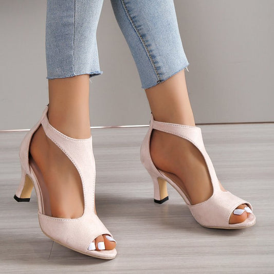Simple in Back Zipper Bag Heel Peep Toe Shoes Women Summer Plus Size Side Empty Stiletto Heel Roman Sandals