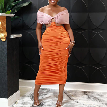 Women Wear Summer Backless Lace-up Wrapped Chest Pleated Sexy Color Block Dress