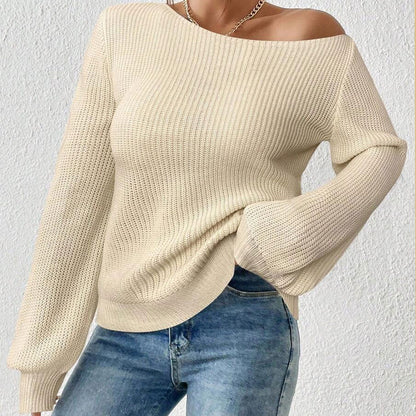 off Shoulder Shoulder Baring Knitwear Women Loose Solid Color Sweater Autumn Winter Lazy Wind Long Sleeve Top