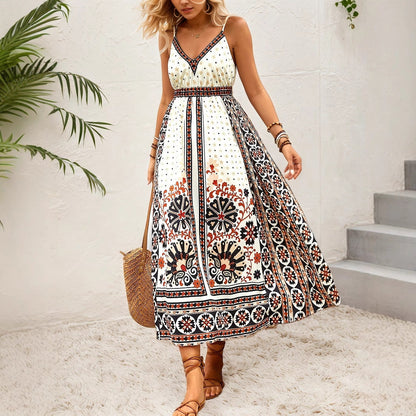Backless Cami Dress Bohemian Ethnic Positioning Printing Vacation Casual Internet Influencer Long