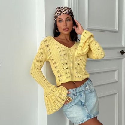 Design Hollow Out Cutout out Sexy Knitted Cardigan Solid Color Long Sleeve V neck French Short Bell Sleeve Blouse