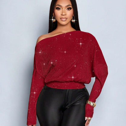 Sloping Shoulder off the Shoulder Sequ Loose Fitting Batwing Sleeve Waist Tight Sweater