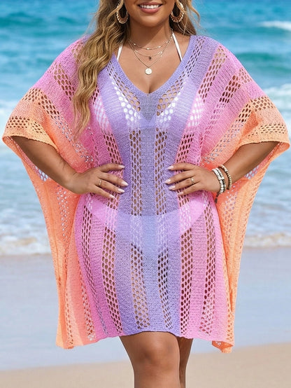 Beach Vacation Blouse Women Gradient Color Hollow Out Cutout out Woven Shirt Loose Casual Bikini Overclothes Dress