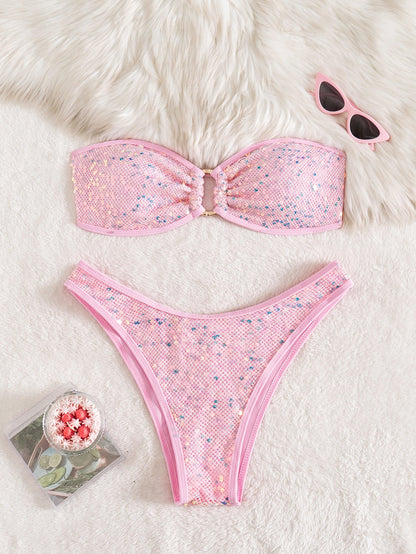 Split Sequ Solid Color Sexy Tube Top Banded Bikini