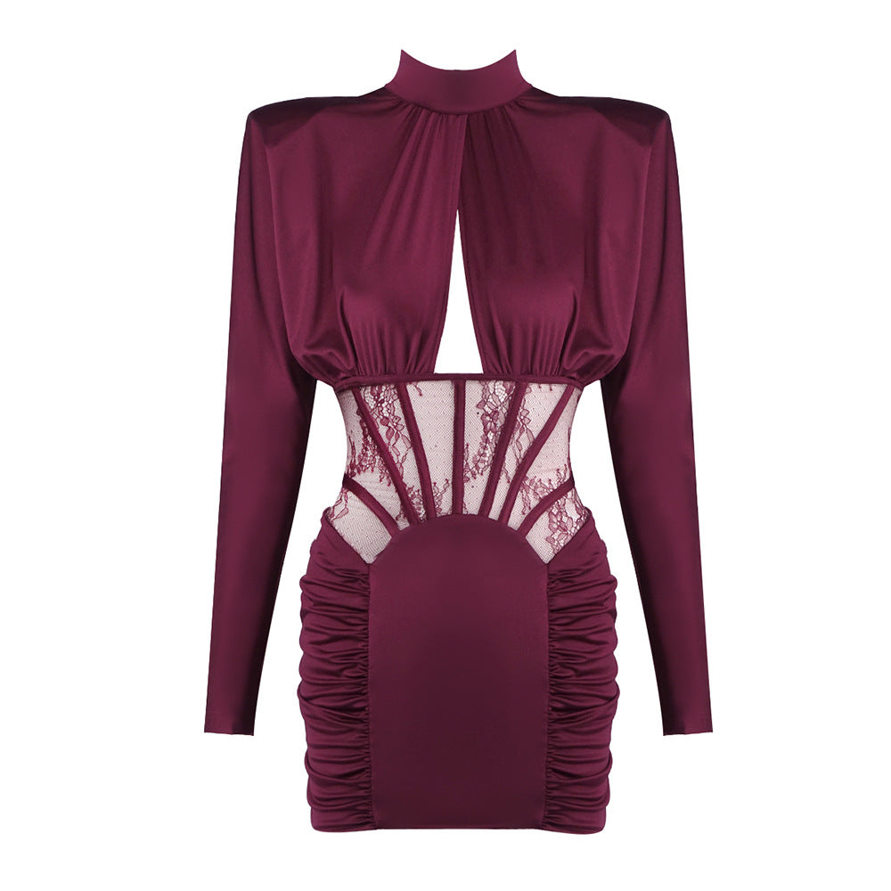 Autumn Winter Sexy Tight Elastic Satin Hip Elegant Dress