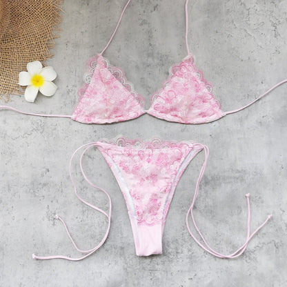 Women Fresh Solid Color Lace Three Point Bikini Sexy Lace up Backless Split Swimsuit