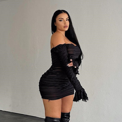 Autumn Solid Color off Shoulder Sexy Long Sleeve Narrow High Waist Women Dress