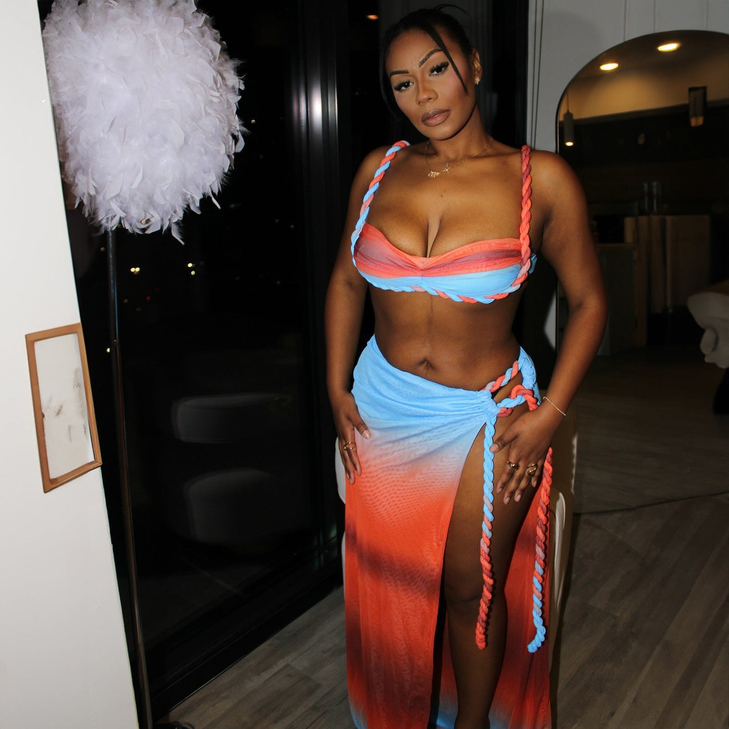 Summer Sexy Beach Vacation Swimsuit Woven Halter Top Top Split Skirt Set