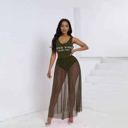 Summer Sexy Jumpsuit Beach Dress Two Piece Suit Handmade Beaded Transparent Mesh Skirt Set