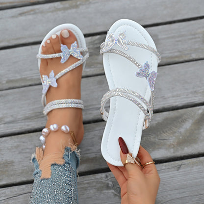 Rhinestone Butterfly Flat Slippers Women Outer Wear Summer Lightweight Two Way Slippers