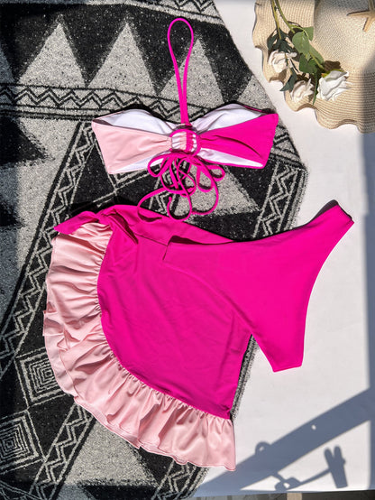 New Three-Piece Set Swimsuit Color Matching Bikini Women Swimsuit Ruffle Swimwear Bikini