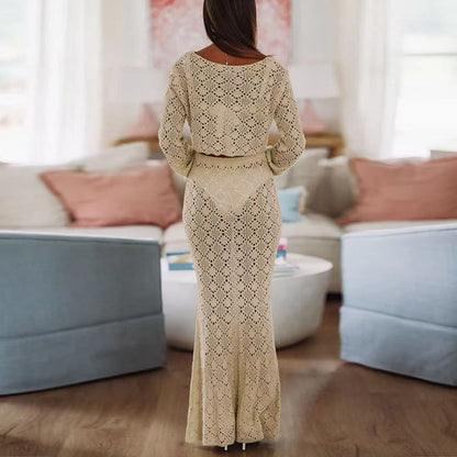 Women Hollow Out Cutout out Long Sleeved Sweater Sheath Skirt Sets Slim Fit Twet
